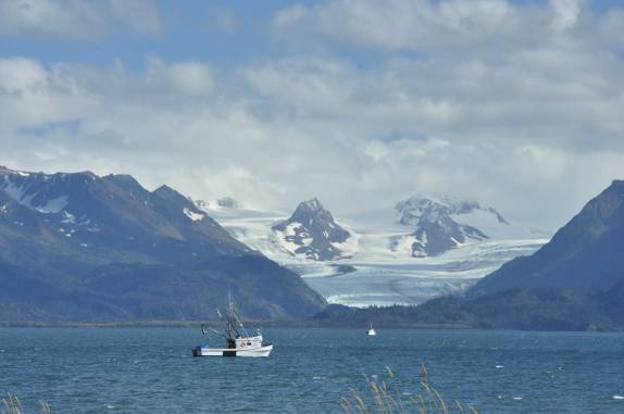 Barco navega pelo fiorde de Homer, na Península do Kenai, no sul do Alaska